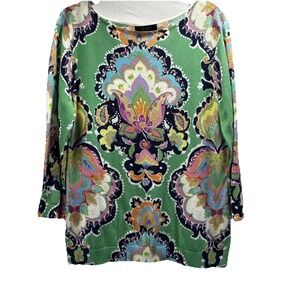 Chaps Women's Sweater Size Large Paisley Pink Green Blue Cotton Pullover 3/4 Slv